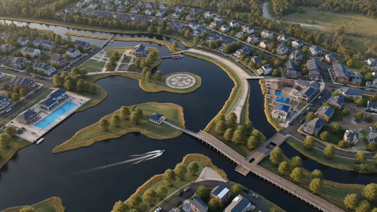 Aerial rendering of lakes bridges homes and recreation areas in Lake Village