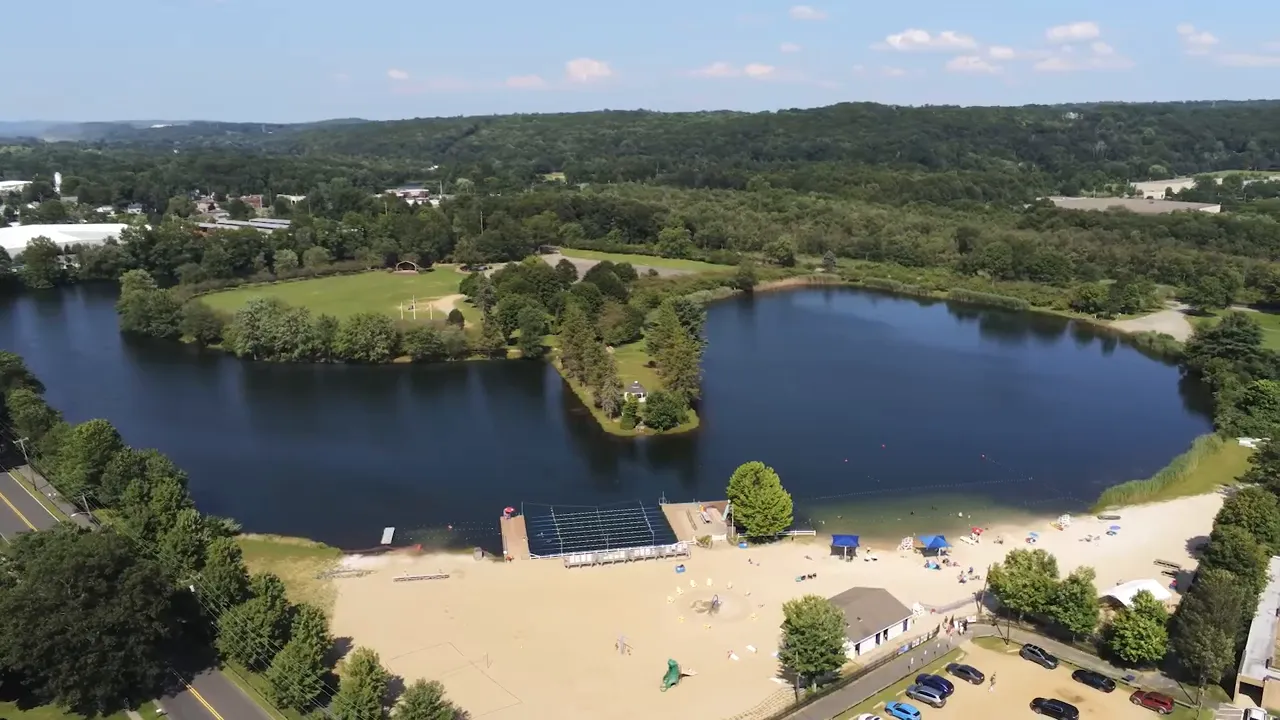 Aerial view looking over Horse Shoe Lake beach and recreational area at Turkey Brook Park, Mount Olive NJ