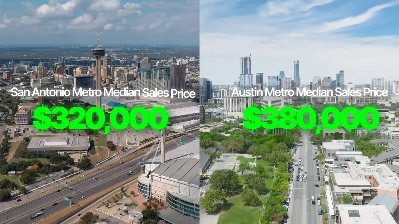 Split-screen comparison of San Antonio median price 320000 and Austin median price 380000