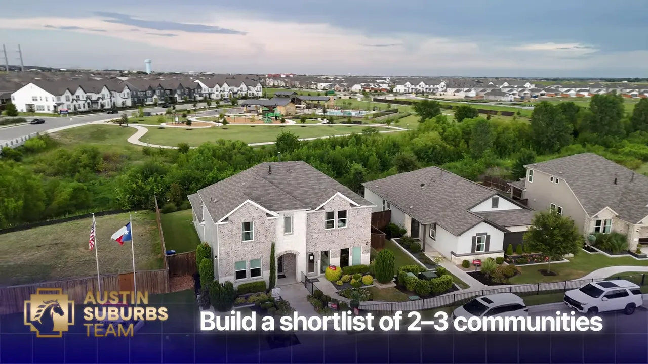 Neighborhood aerial view with text stating build a shortlist of two to three communities