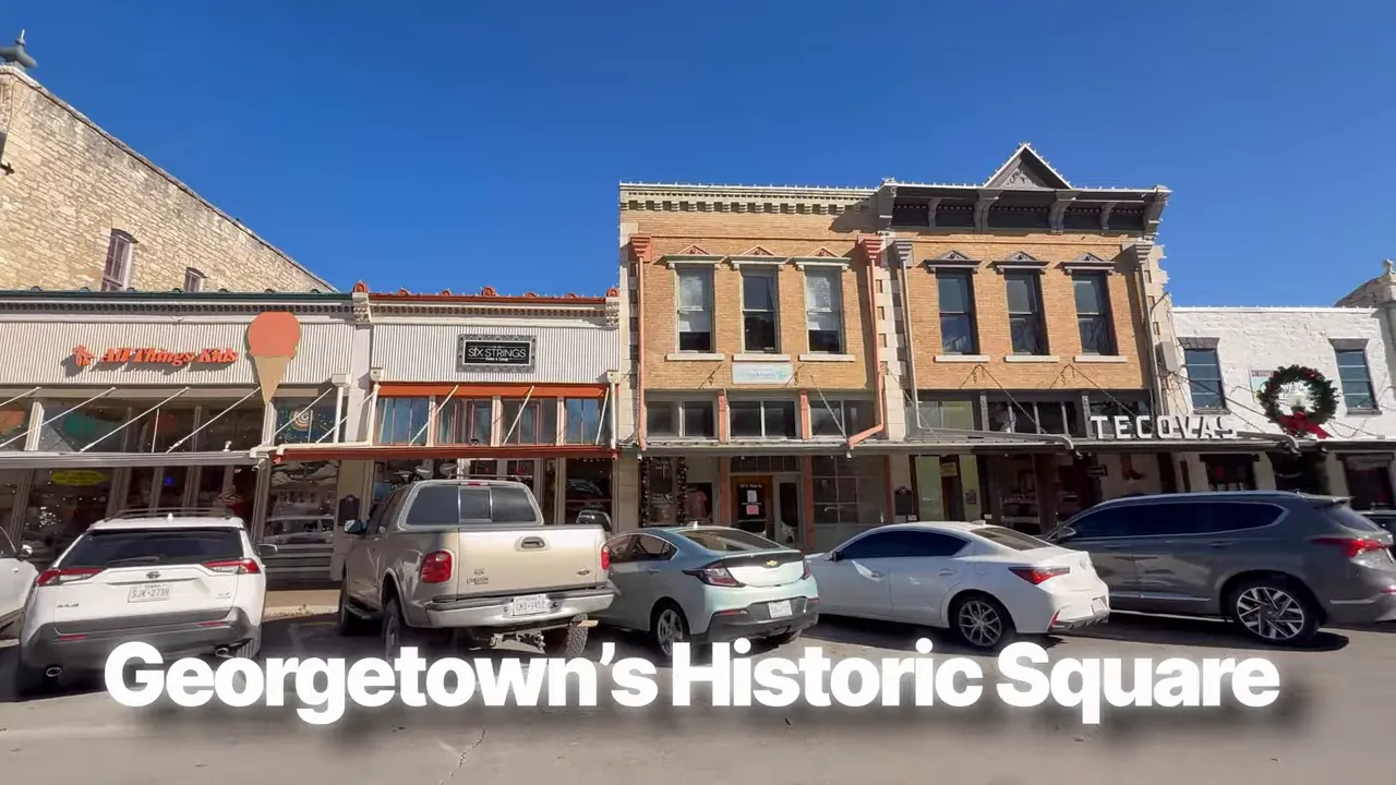 Storefronts in Georgetown's Historic Square with location label