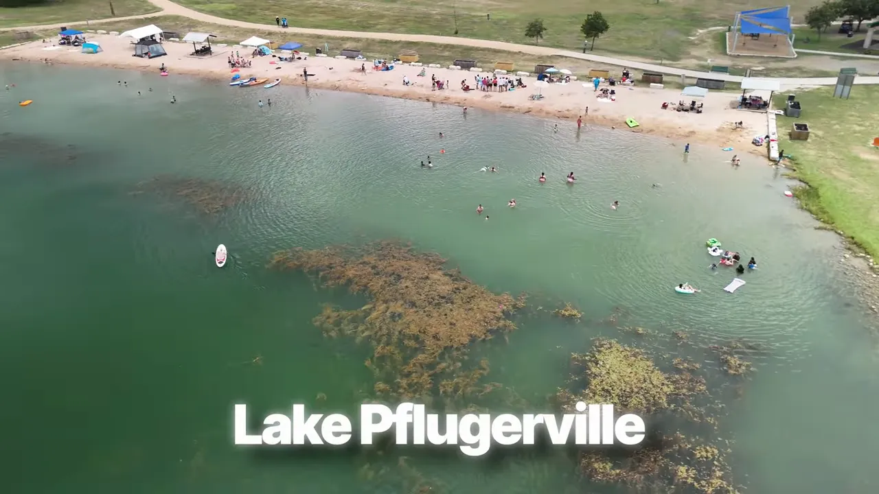 Aerial view of swimmers and shore at Lake Pflugerville