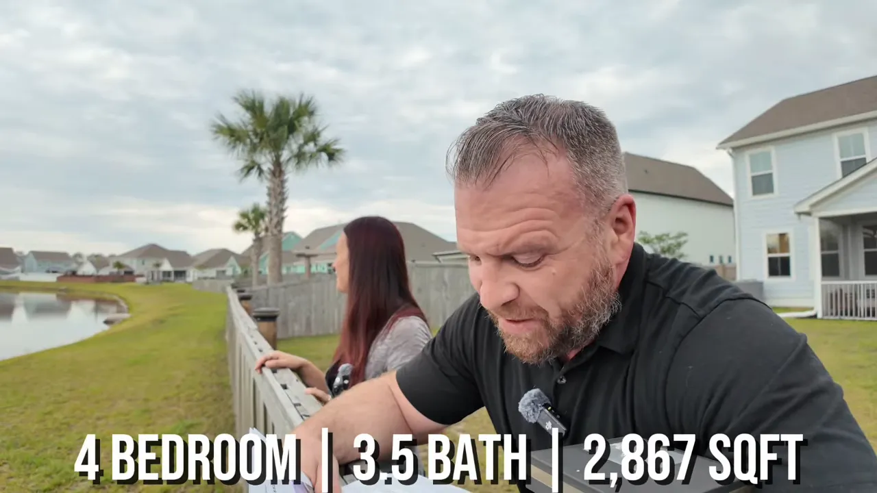 text overlay showing 4 bedroom 3.5 bath and 2867 square feet over backyard pond view