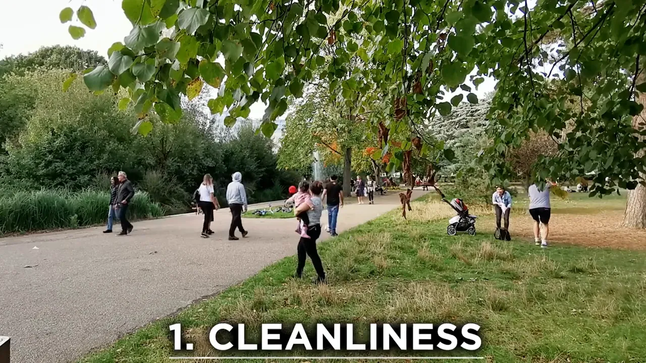 Park path with people walking and on screen text reading 1 cleanliness