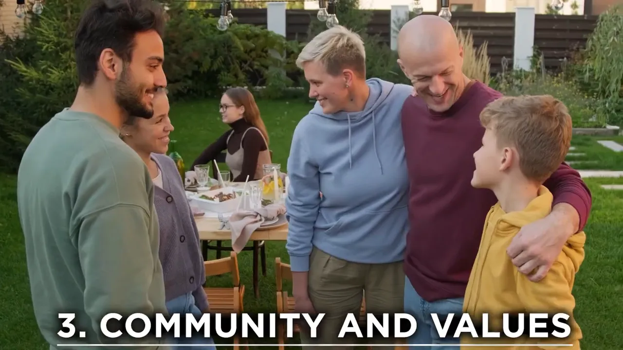 Group of neighbors talking outdoors with on screen text reading 3 community and values
