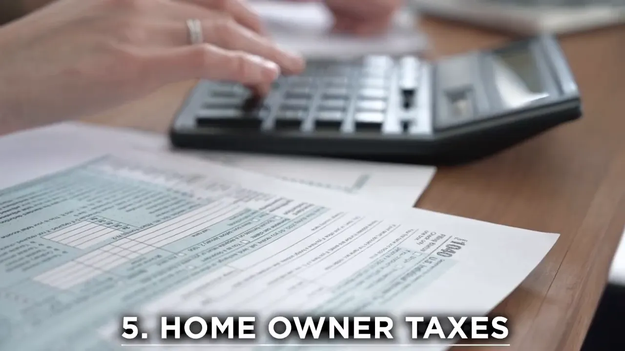 Hands using a calculator near a model house with text reading 5 homeowner taxes