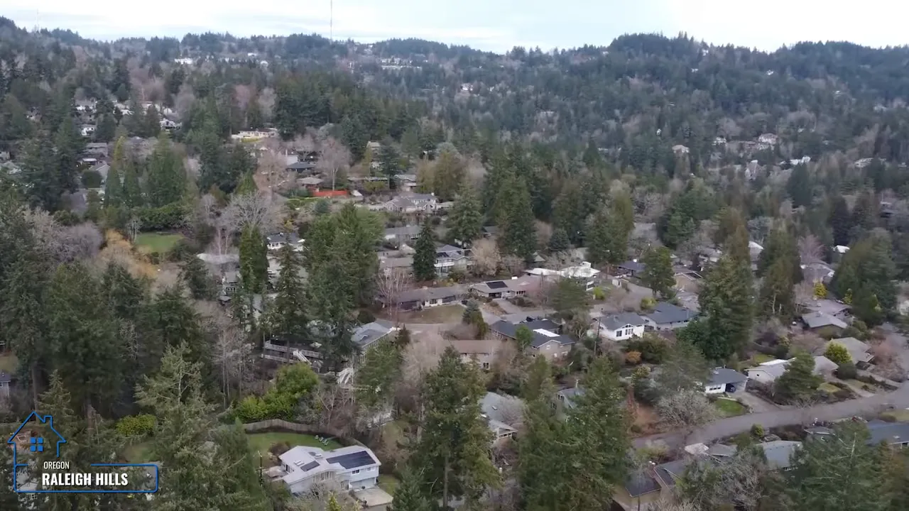 Aerial view of wooded residential streets with larger homes in Raleigh Hills