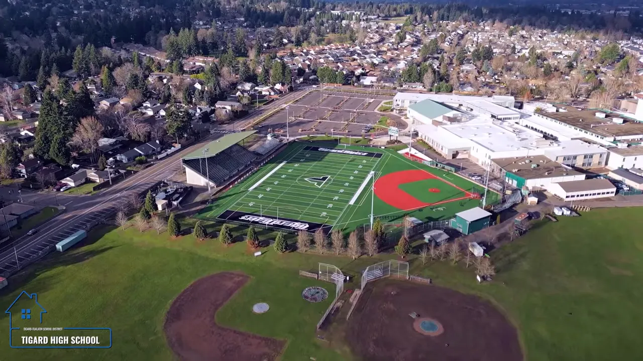 Aerial view of a new school campus and sports fields in Tigard