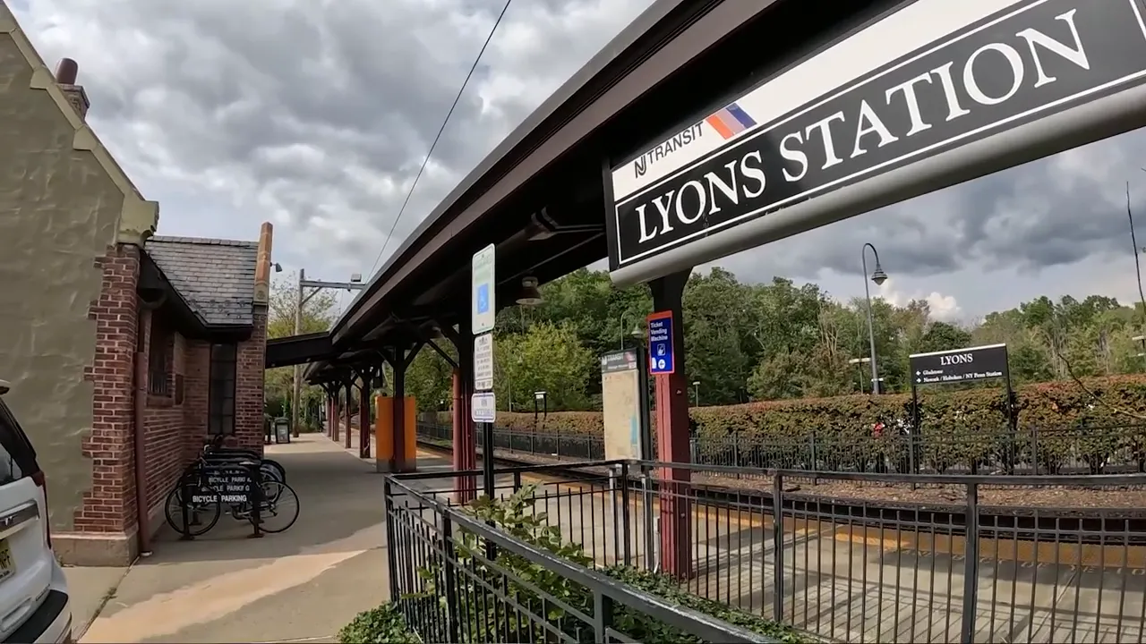 Lyons Station platform area with station signage at Bernards Township, New Jersey