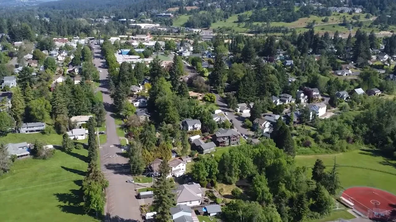 Aerial view of suburban streets and homes in the Portland metro area