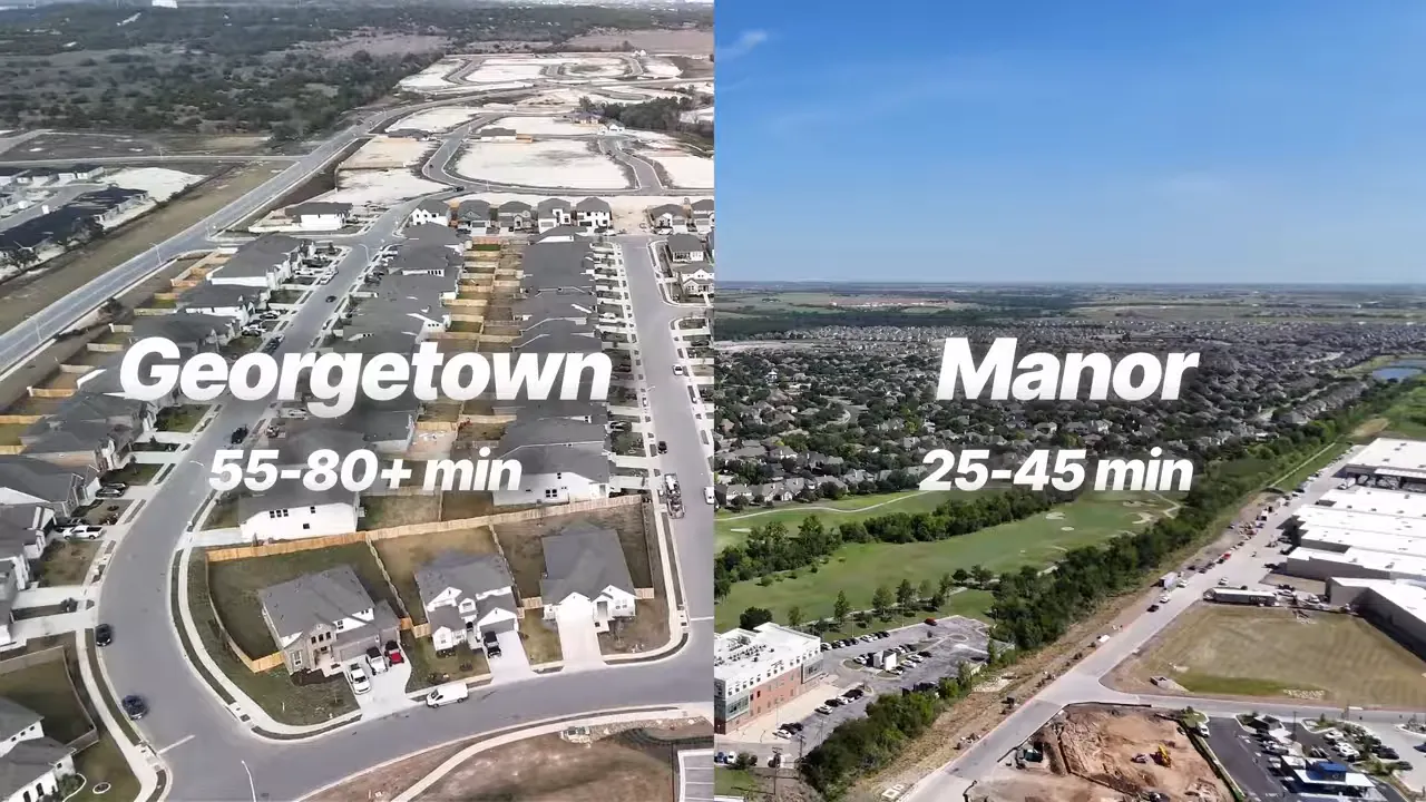 Split-screen aerial view comparing Georgetown commute time versus Manor commute time