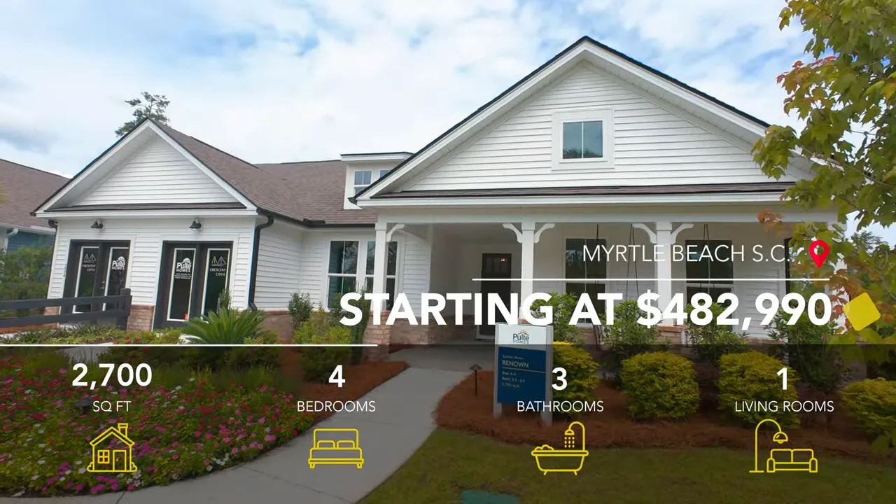 Large single-story model exterior with broad front porch and three-car garage