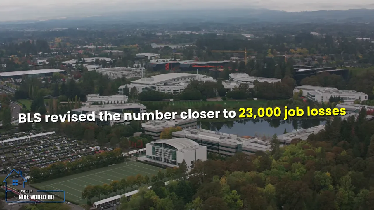 Aerial view of a business campus with text stating BLS revised job losses closer to 23000