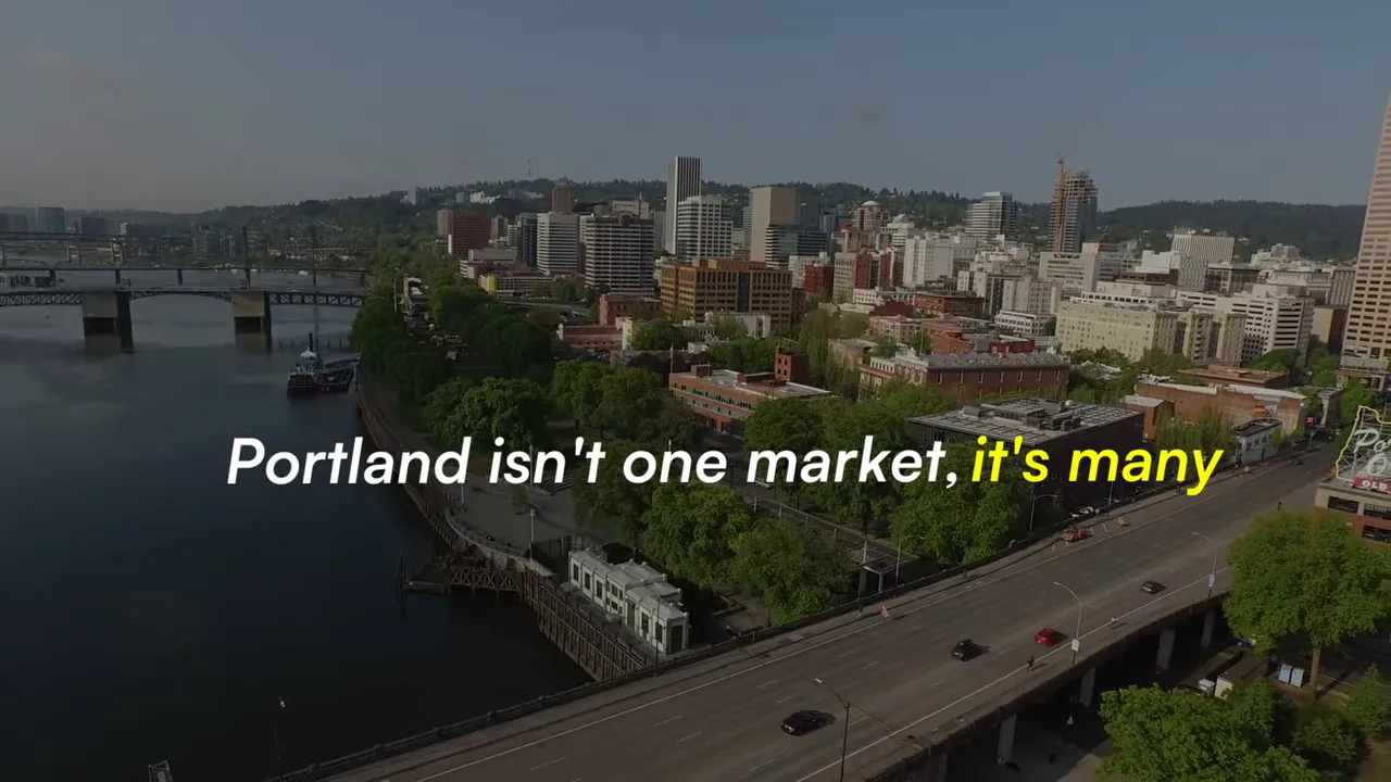 Aerial view of Portland with text stating Portland is not one market it is many