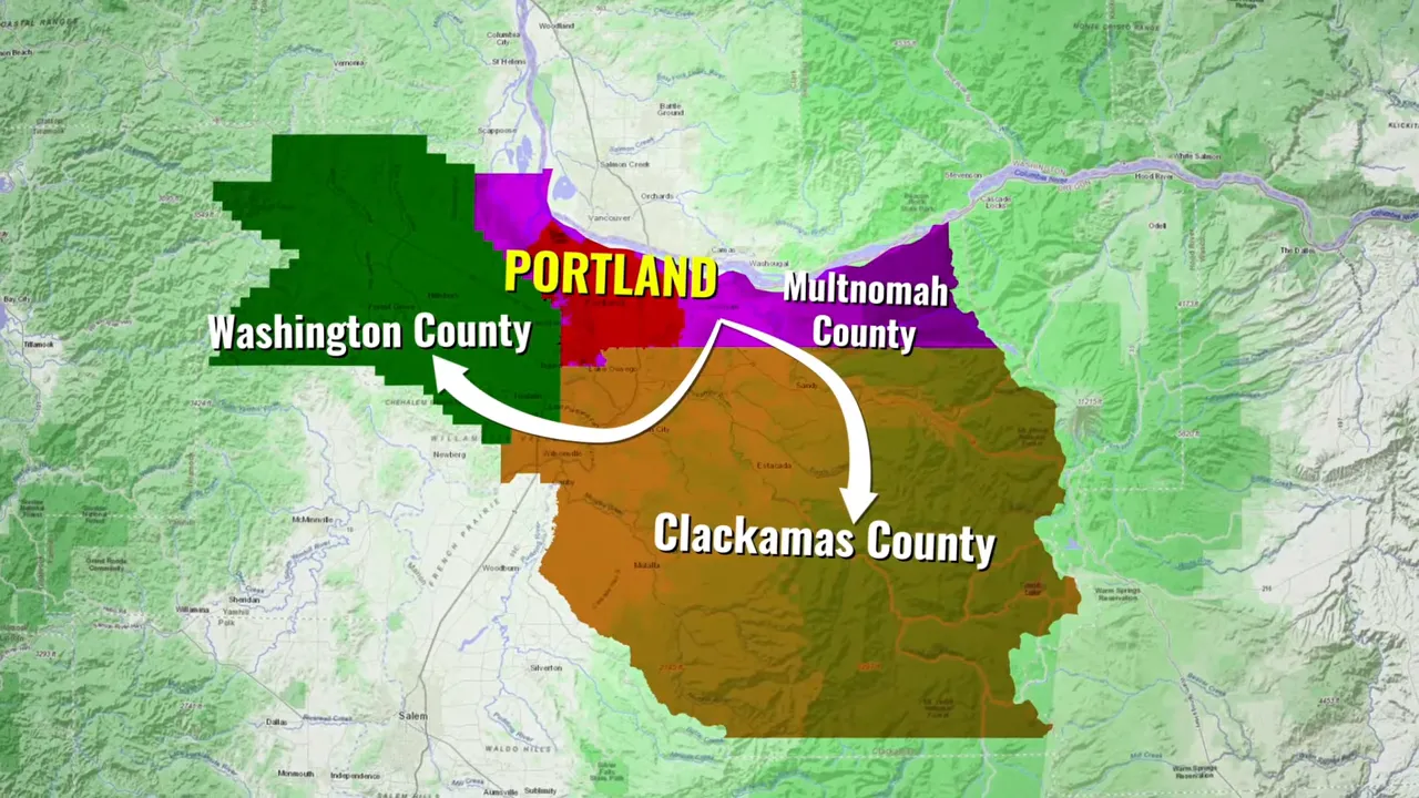 Map showing Multnomah County Washington County and Clackamas County around Portland