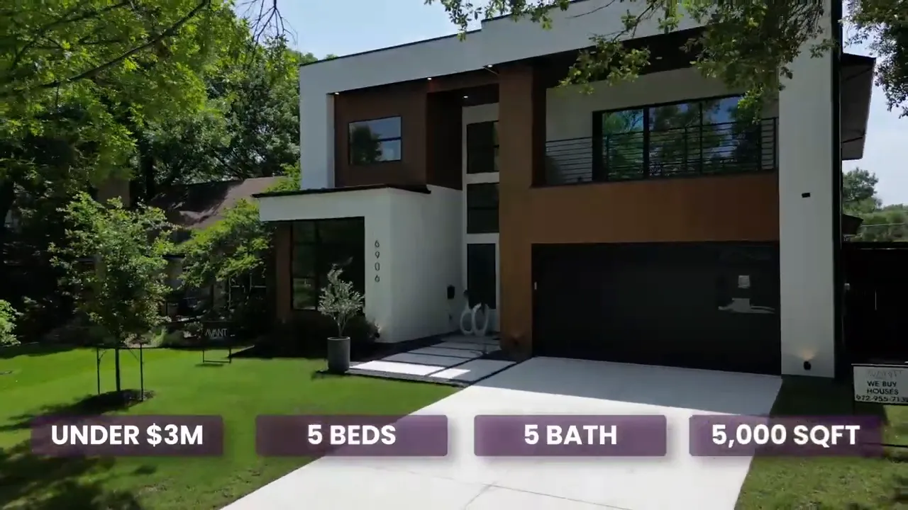 Modern luxury new construction home exterior in Dallas TX with covered driveway, large windows, and landscaped yard