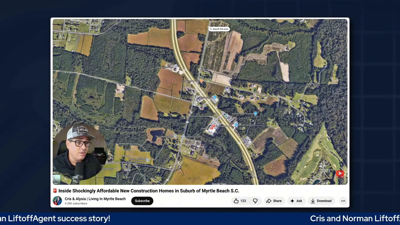 Map view in a video showing roads, neighborhoods, and surrounding land near a Myrtle Beach community