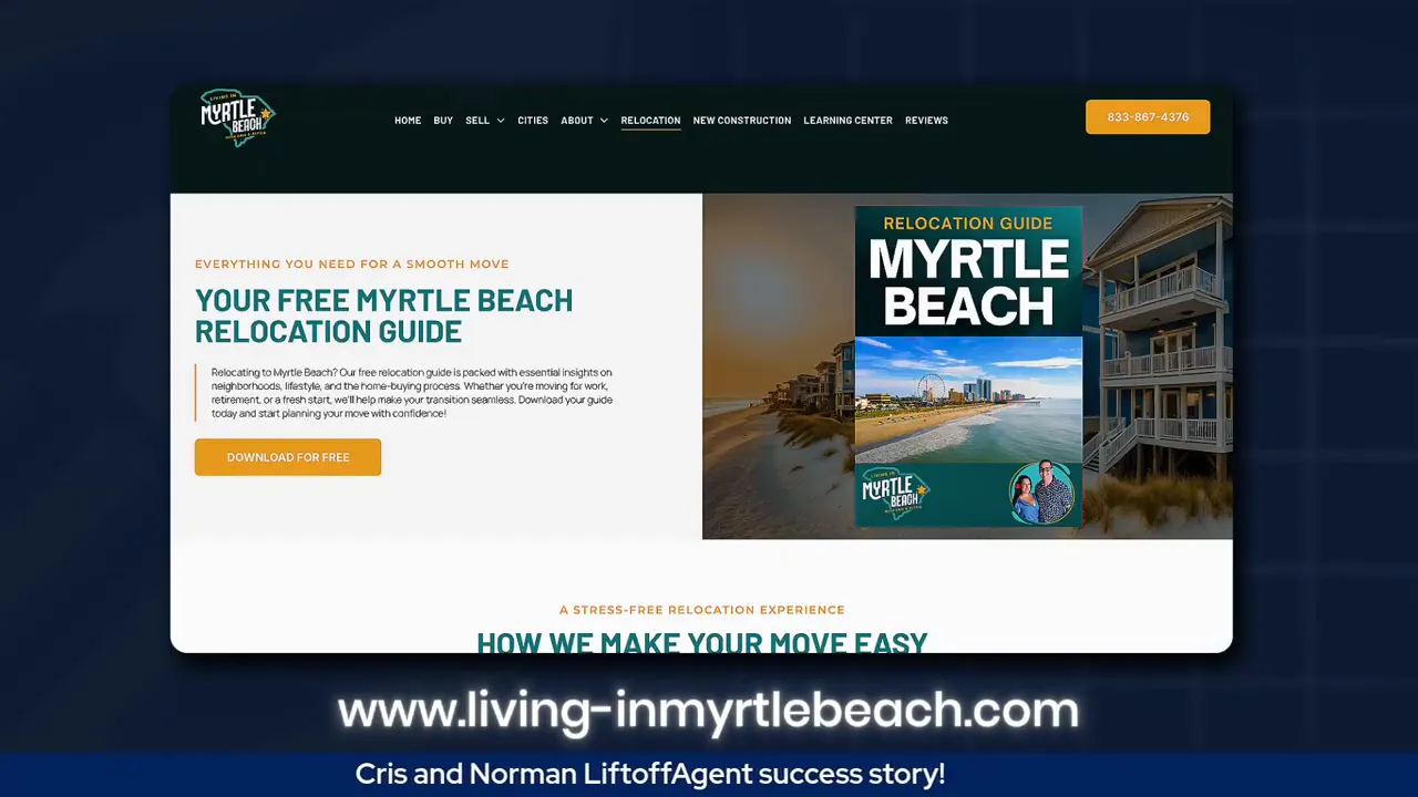 Website section offering a free Myrtle Beach relocation guide with cover image and download form