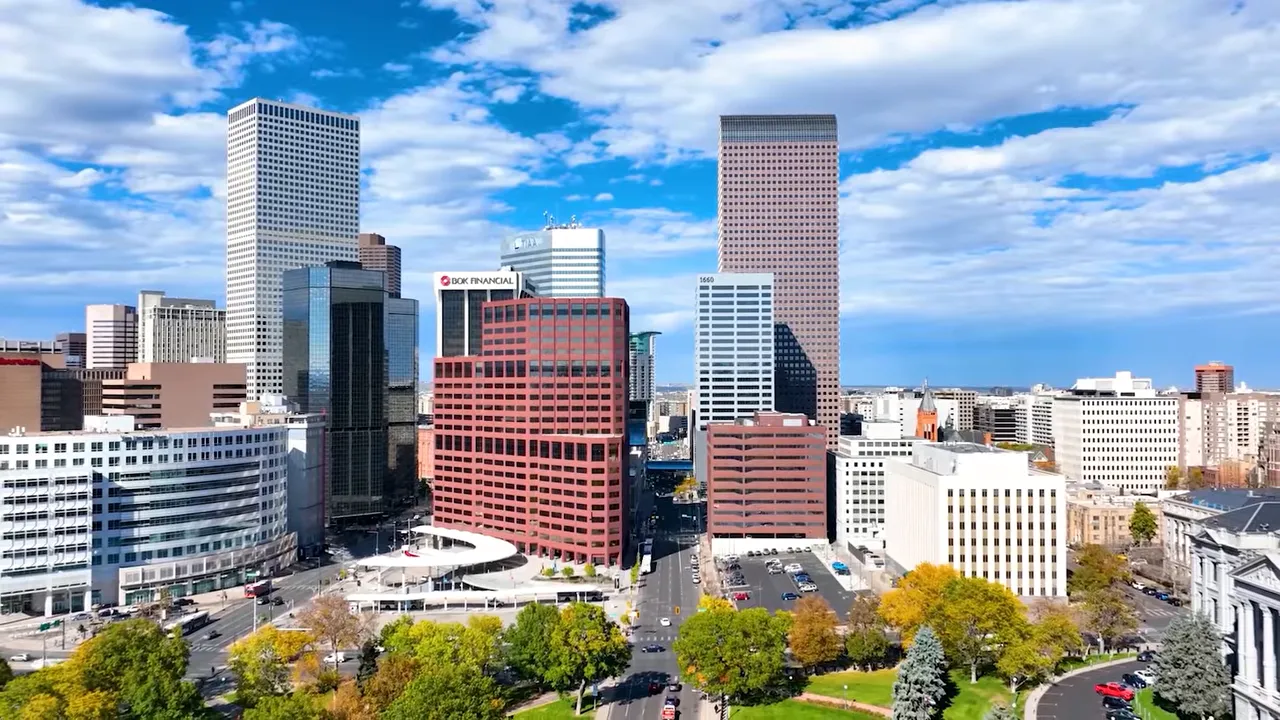 Aerial view of downtown Denver office buildings and downtown streets