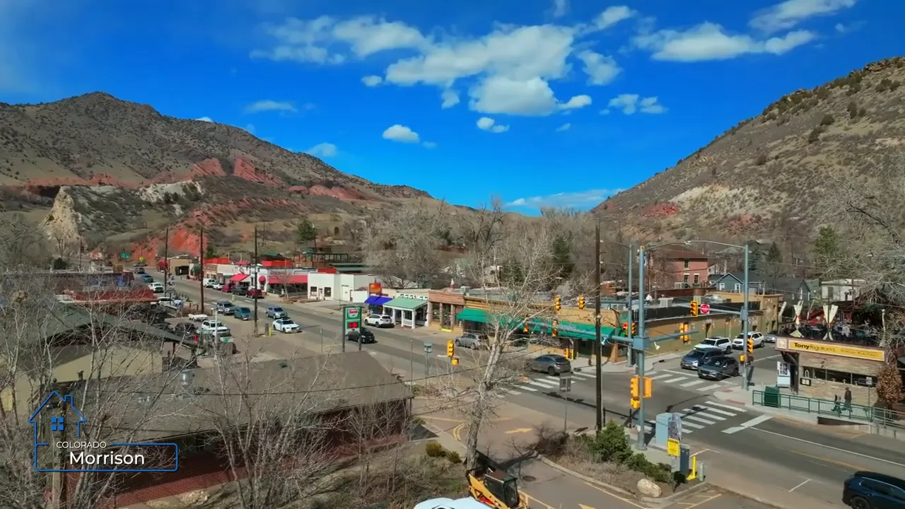Morrison main street framed by red rock foothills