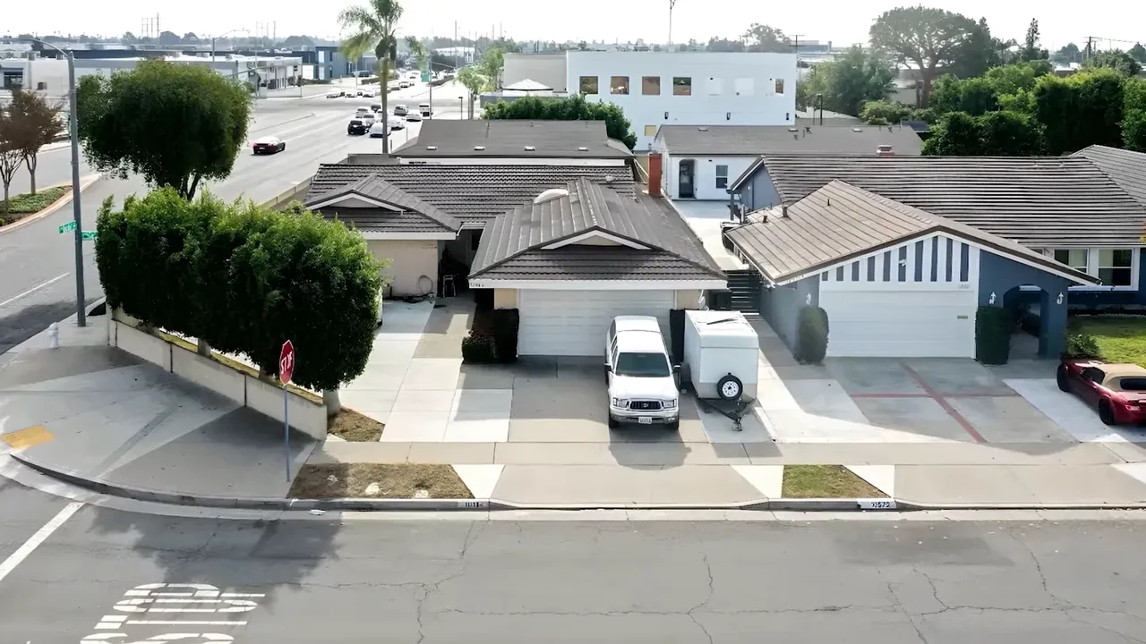 Aerial view of suburban homes in Orange County neighborhood setting