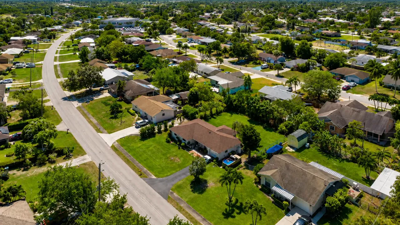 Aerial view of homes on large green lots in Golden Gate Estates