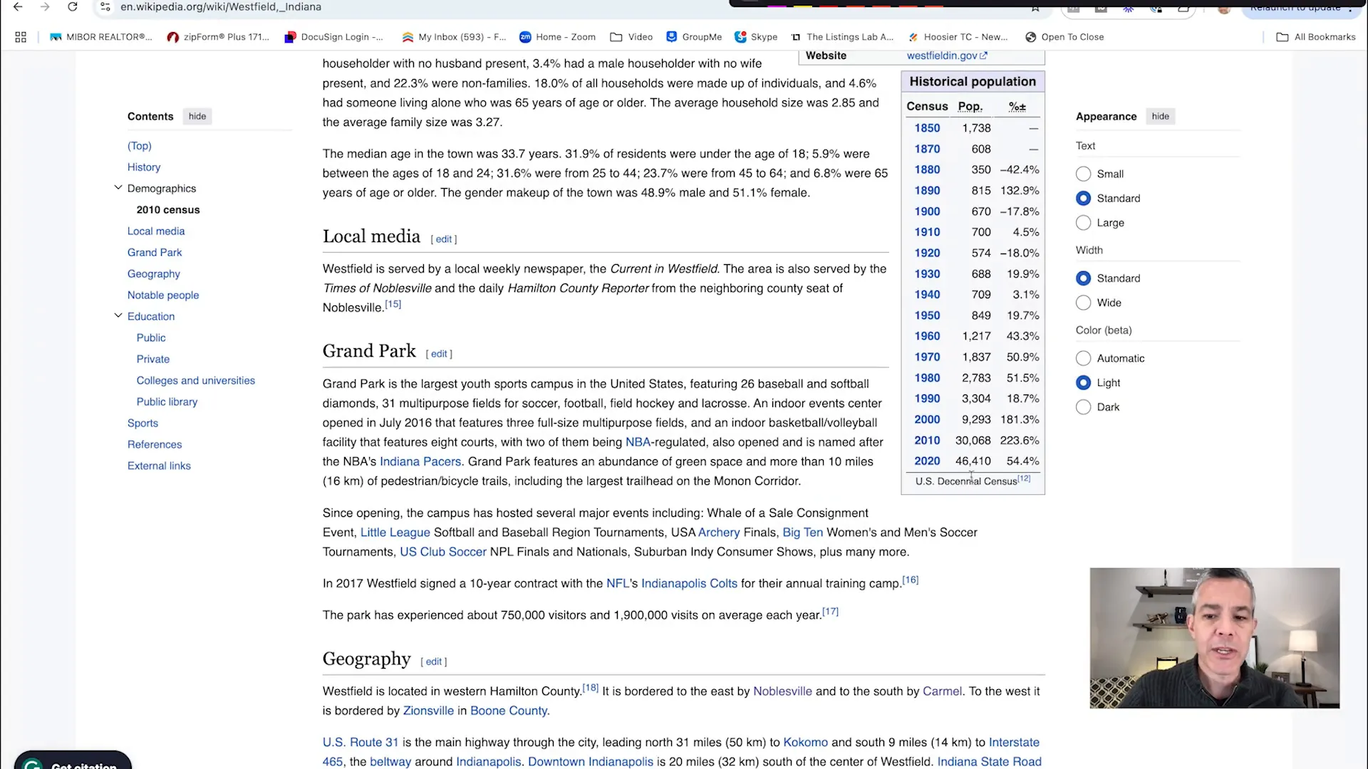 Population growth data for Westfield