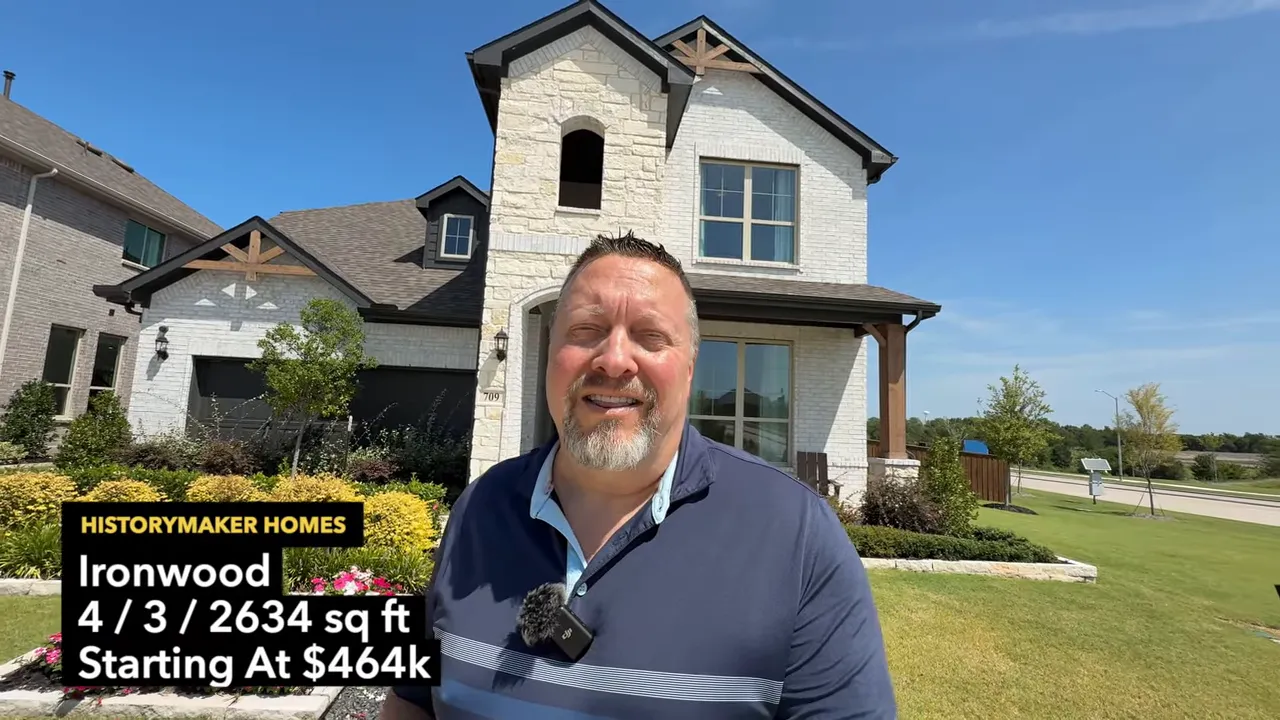 HistoryMaker Homes Ironwood exterior with on-screen details including 4 bedrooms and starting price