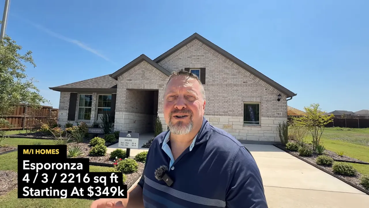 M/I Homes Espironza model exterior at Elevon in Lavon TX with on-screen text overlay