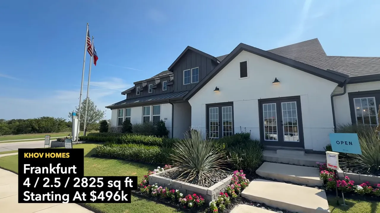 Khov Homes Frankfurt model home exterior with on-screen details for starting at $496k