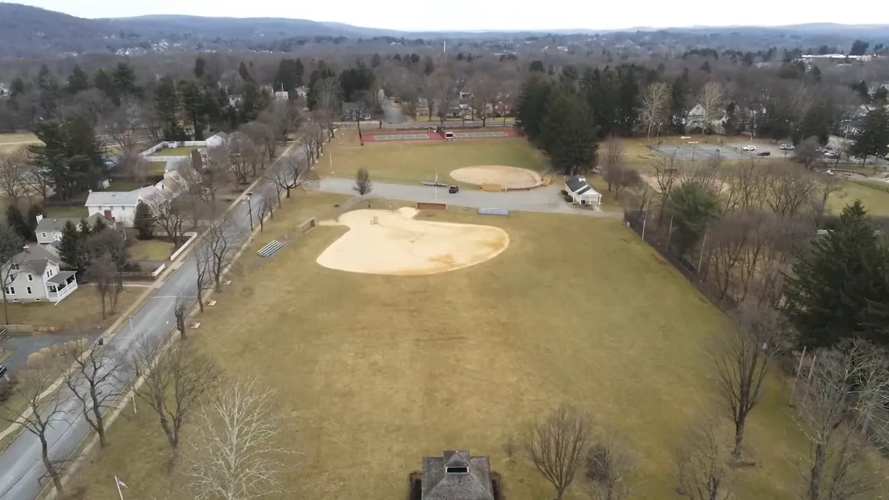 Aerial view of a large sports field and park in Borough Park, Mendham Borough, New Jersey