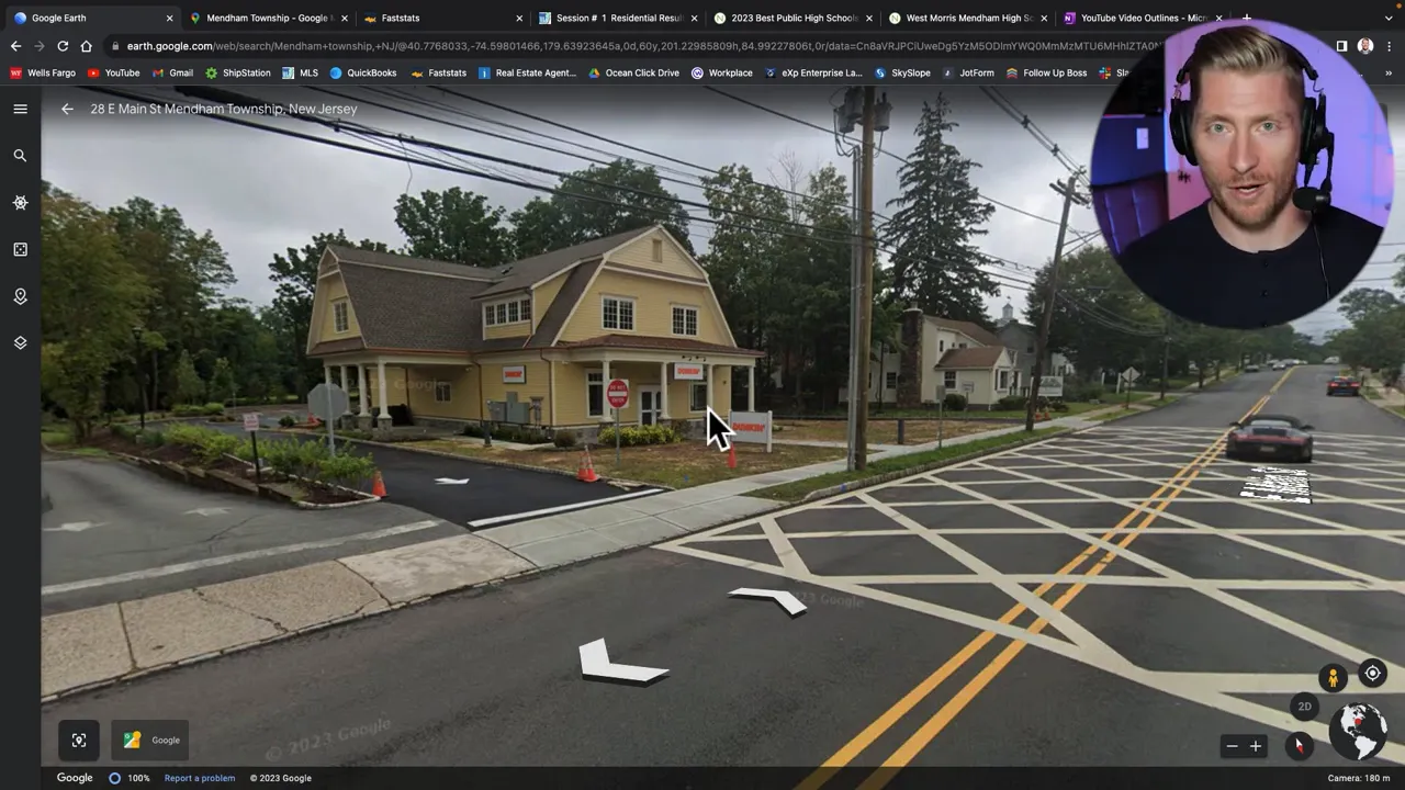 Main Street Mendham Township NJ residential street scene with sidewalks, crosswalk, and storefront signs