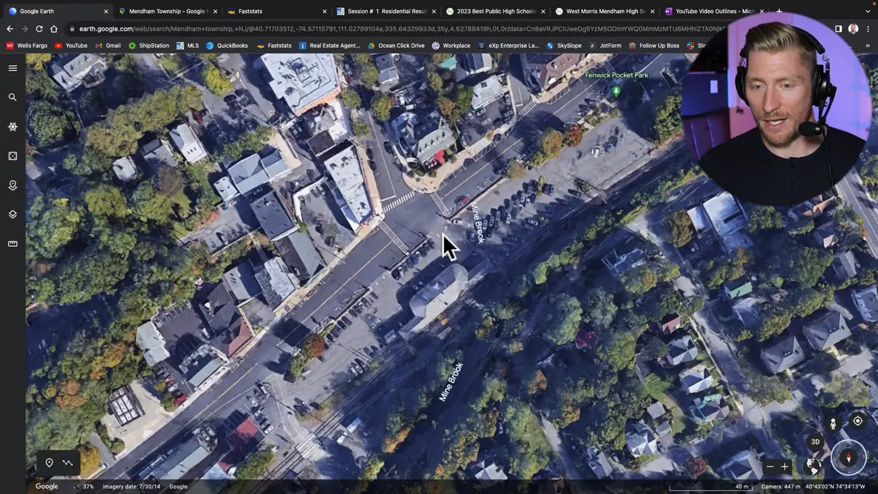 Satellite aerial view of Mendham Township Main Street area showing local road connections and intersection