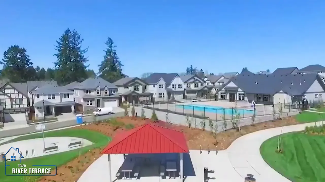 River Terrace neighborhood with pool park pathways and new homes