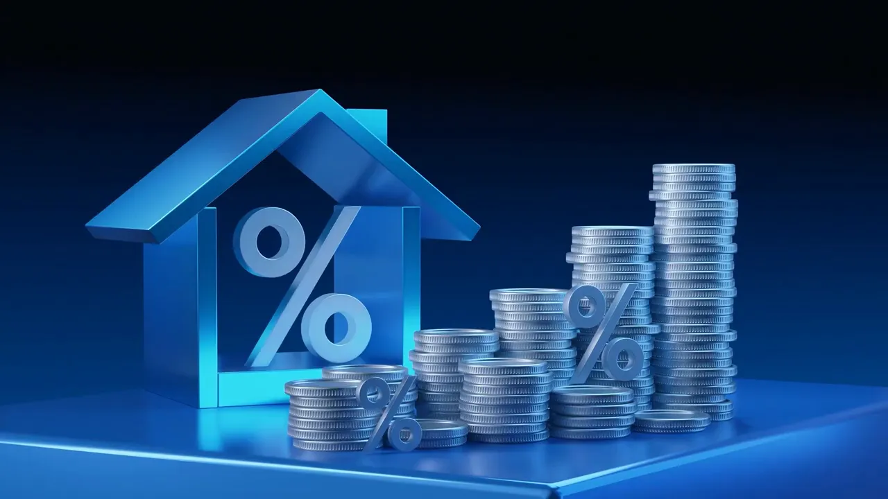 Blue graphic of a house with percent symbols and stacks of coins