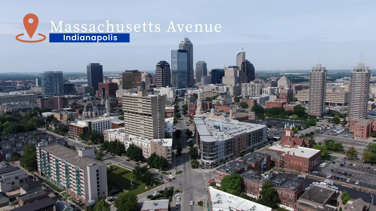 Aerial view of Massachusetts Avenue neighborhood and downtown Indianapolis skyline
