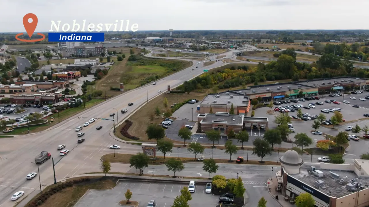 Aerial view of Noblesville commercial area roads traffic and highway interchange
