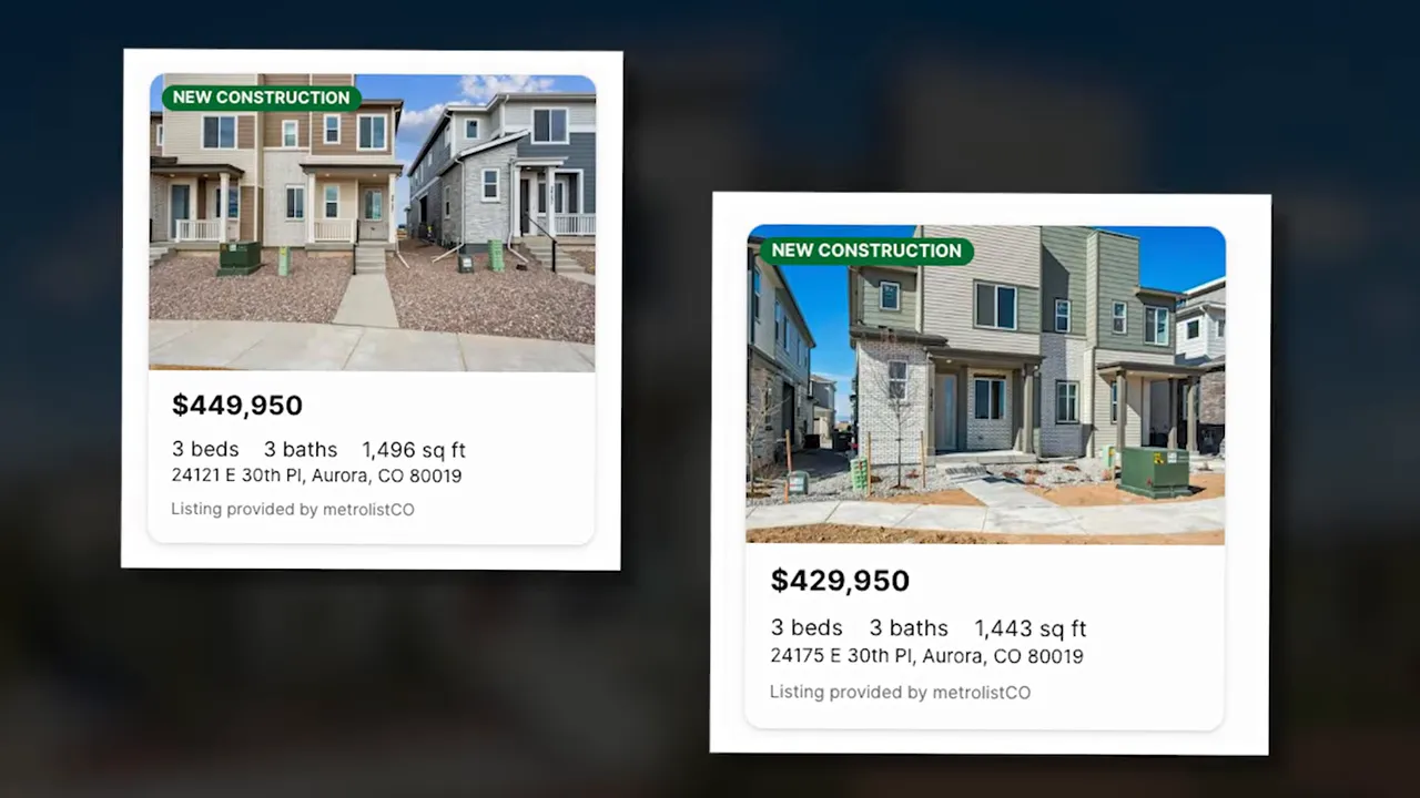 Side-by-side new construction home listing cards with prices and square footage