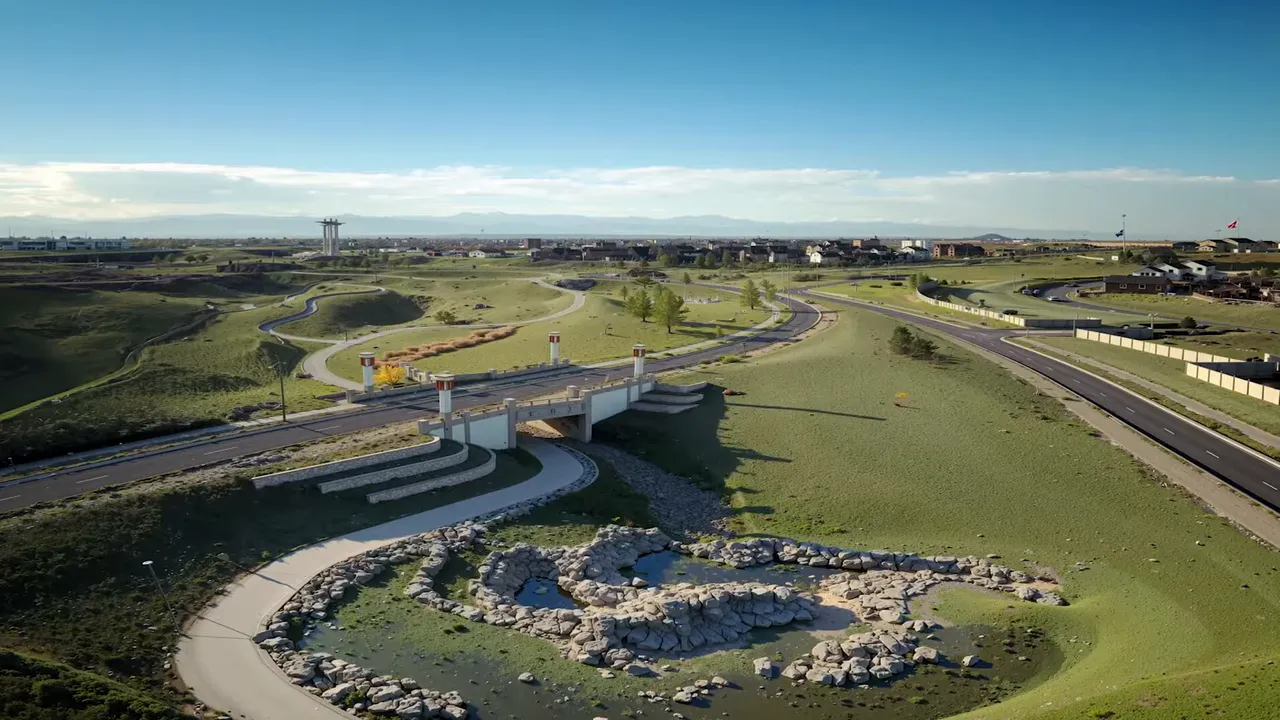 Aerial view of Hogan Park and surrounding roads and green spaces in Aurora Highlands near Denver, Colorado