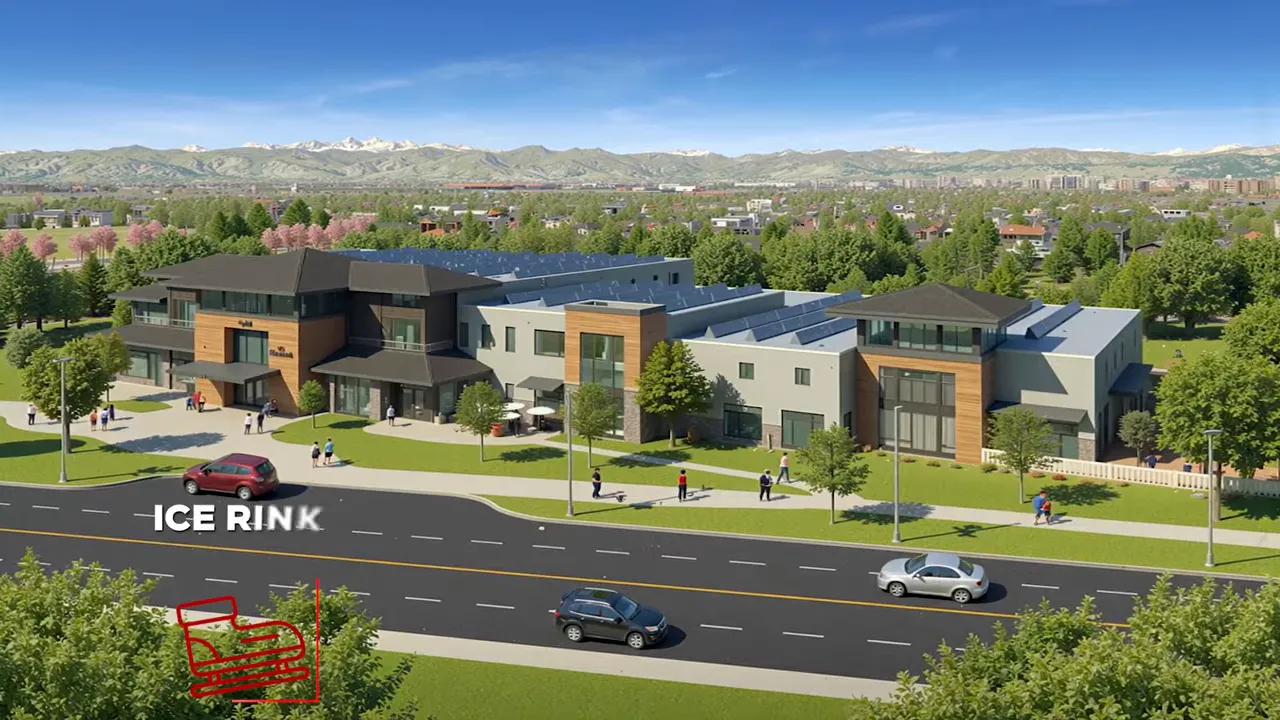 Rendering of ice rink and recreation center at Aurora Highlands