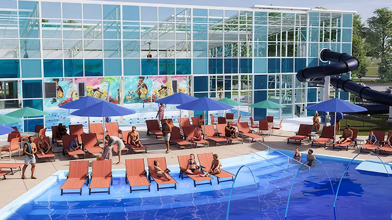 Aurora Highlands Beach Club outdoor pool deck with lounge chairs, umbrellas, and water features