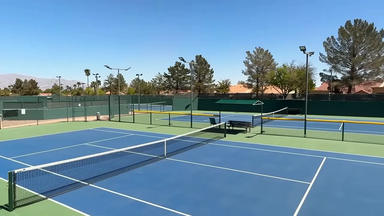 Blue and green outdoor pickleball courts with nets