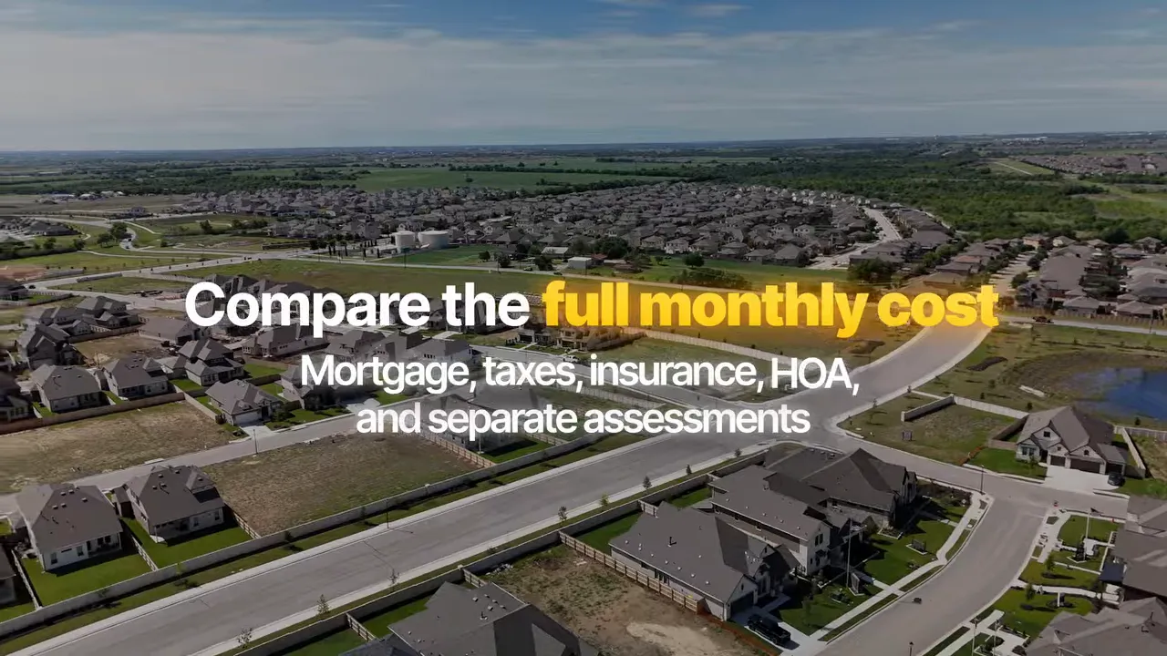 Neighborhood aerial with text urging buyers to compare full monthly costs