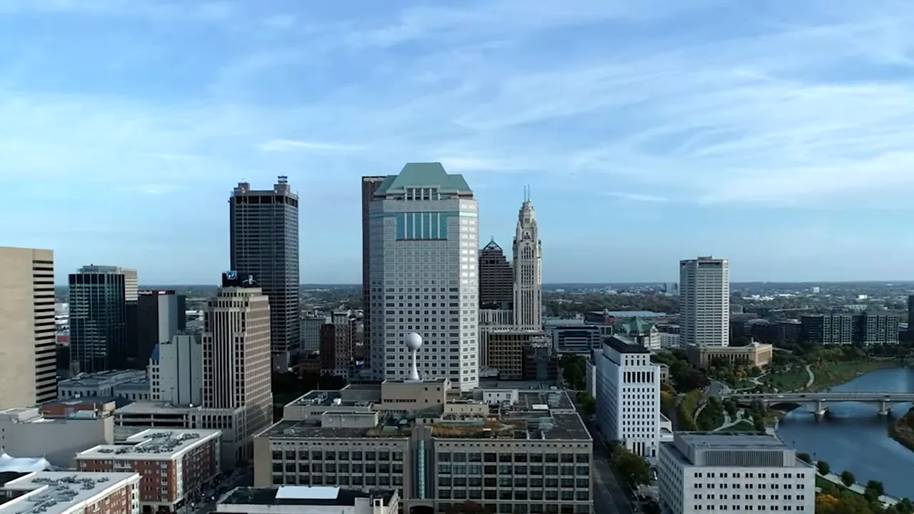 Aerial view of downtown Columbus office towers and river