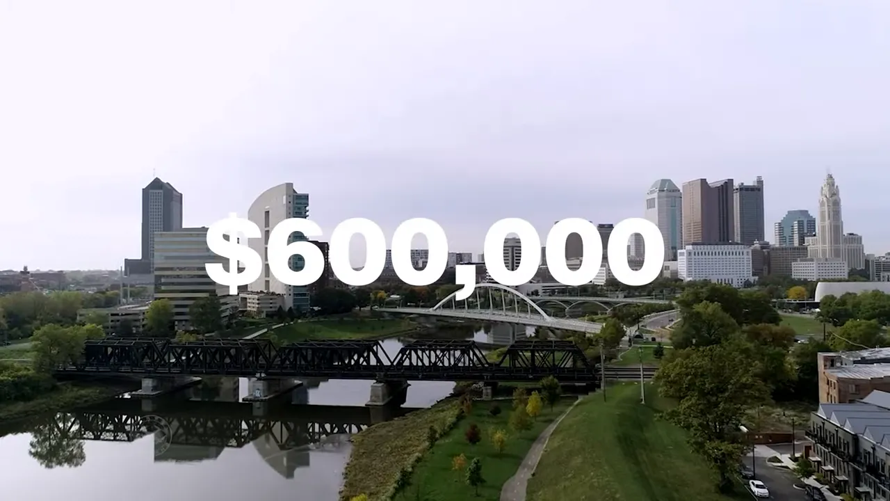 Columbus skyline with 600000 displayed in white text