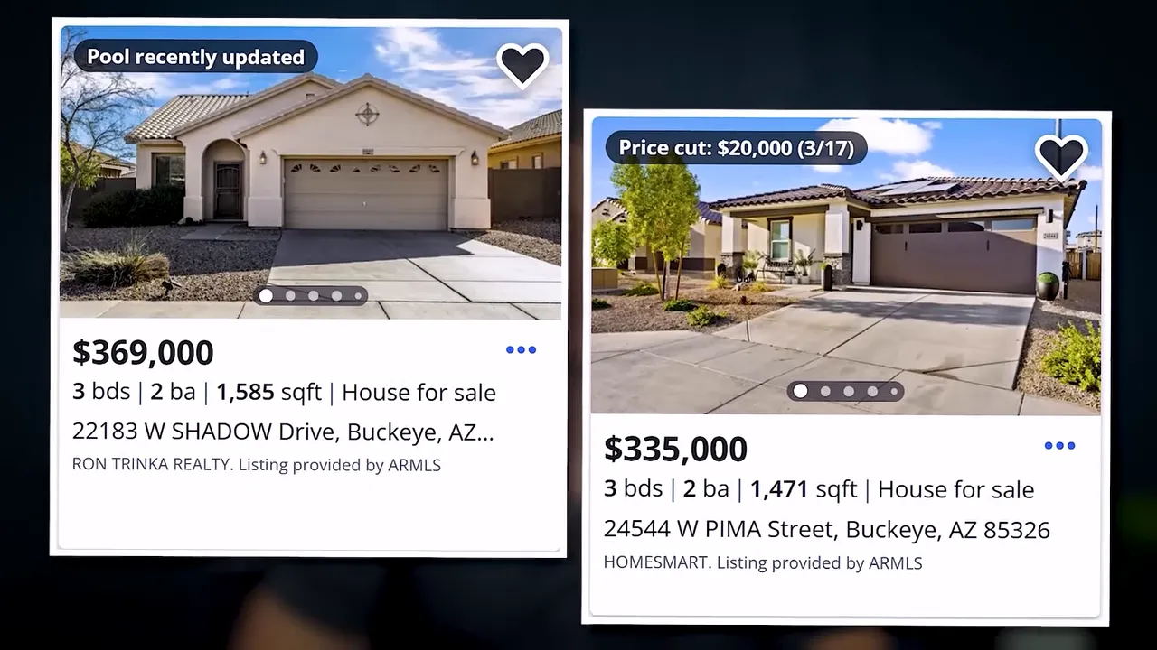 Side-by-side Buckeye home listings labeled 'pool recently updated' and a '$20,000 price cut'
