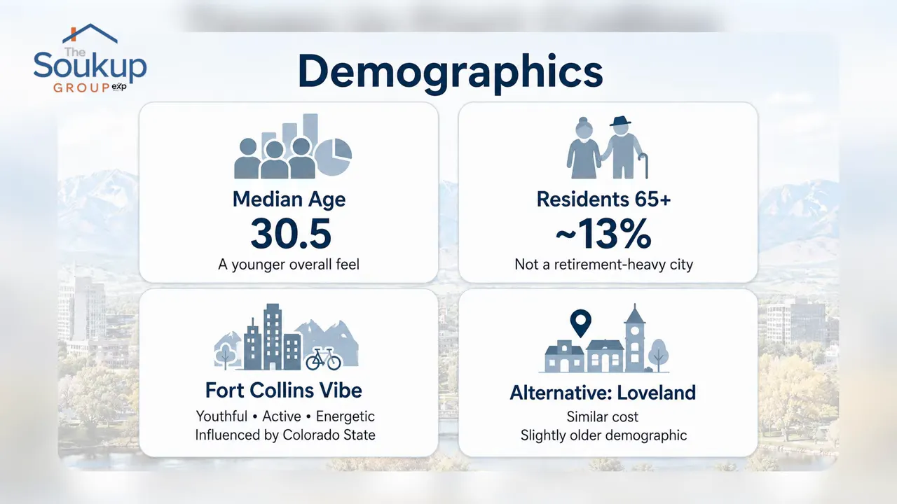 Demographics slide showing Fort Collins median age and resident age figures