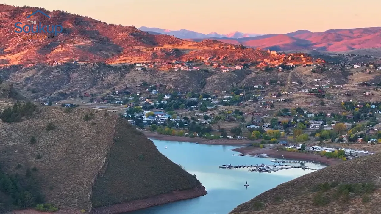 Aerial view of Horsetooth Reservoir between foothills