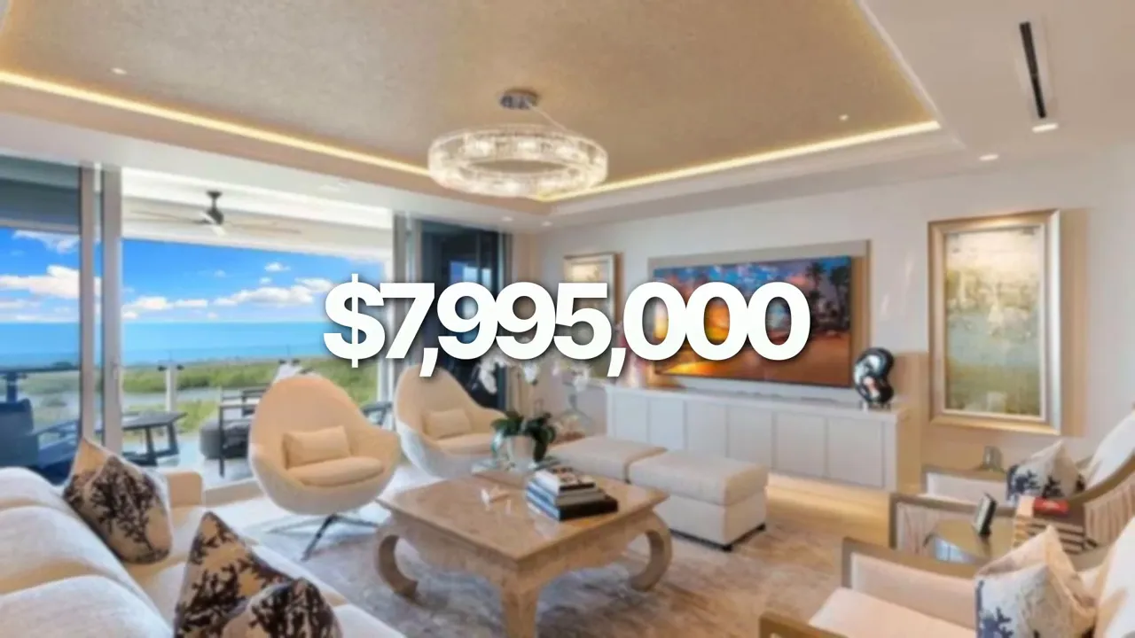 Luxury living room with gulf view and large text showing 7995000