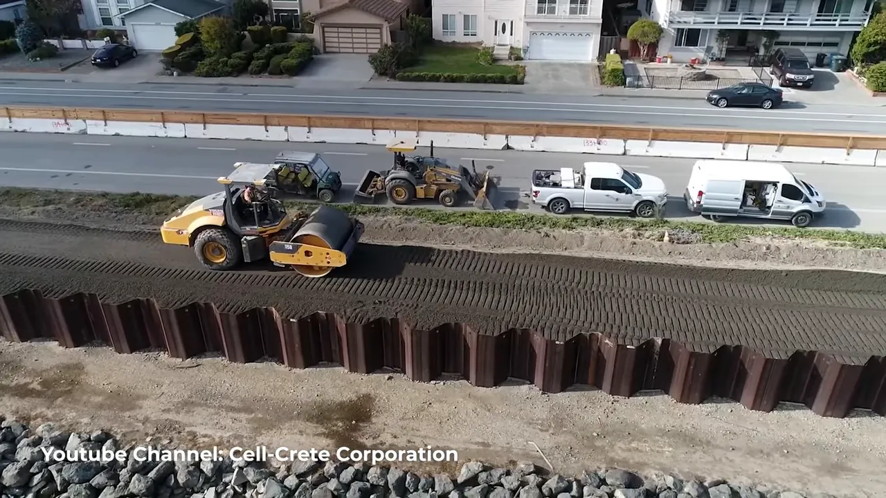 Construction equipment compacting new levee fill behind steel sheet piles along Foster City shoreline